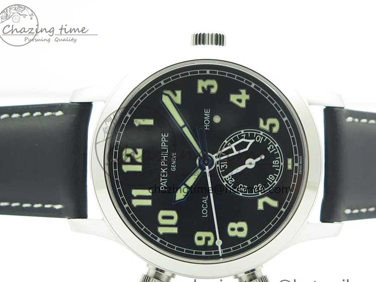 MIROTIME 0402 Stylish Calatrava 5524 Pilot Travel Time SS GRF Black Dial on Black Leather Strap A324 V 7108